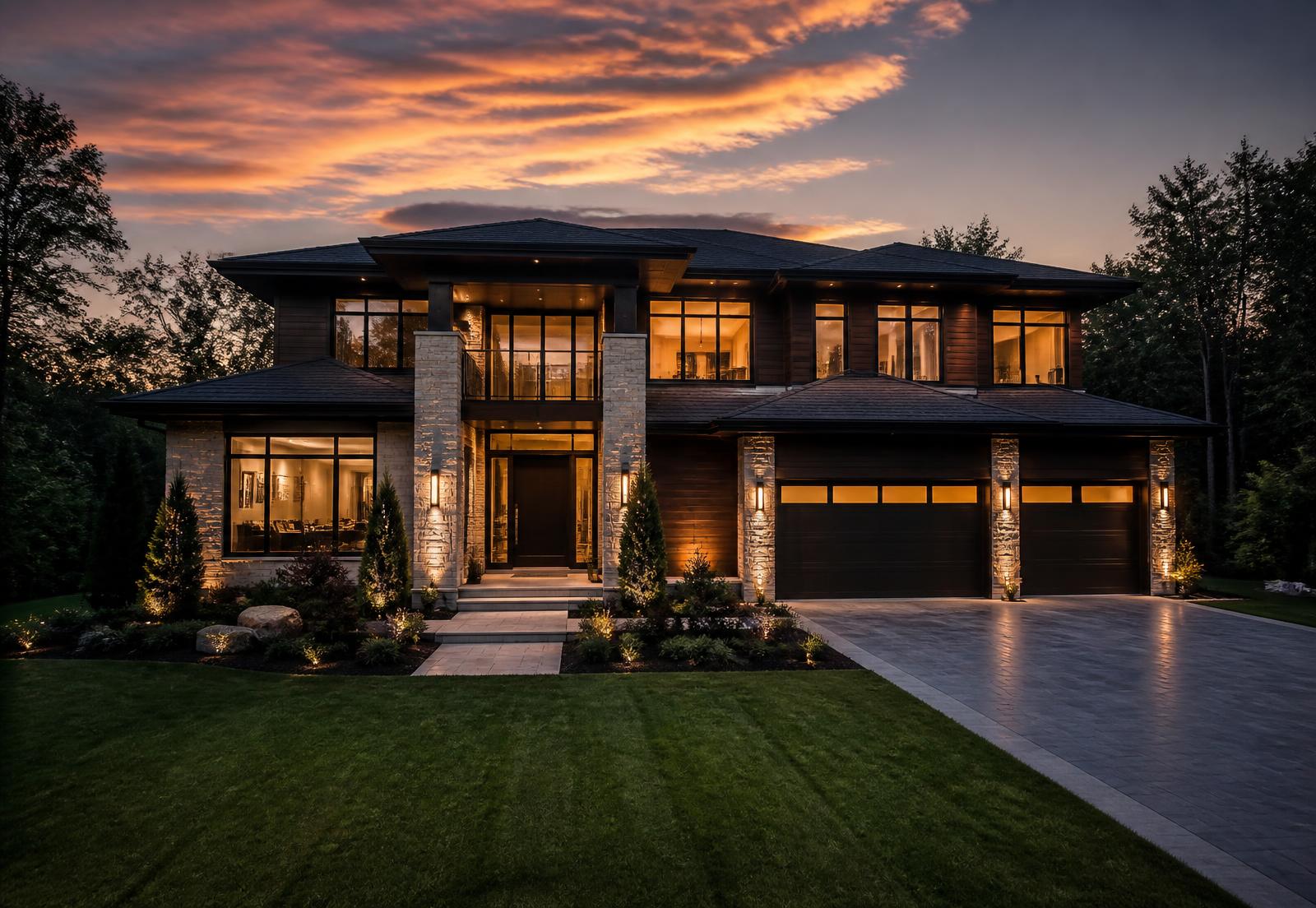 Luxury North Carolina home lit at dusk